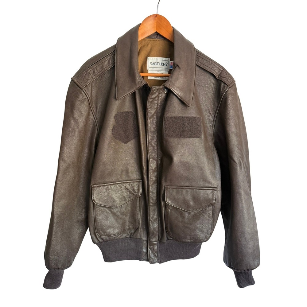 Vintage 80s Saddlery A-2 Leather Flight Jacket Brown USAF Bomber 42R Goatskin